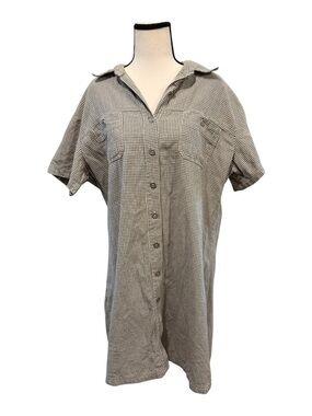 Vintage Studio | Button-Front Short Sleeve Gingham Shirt Dress in Olive & White